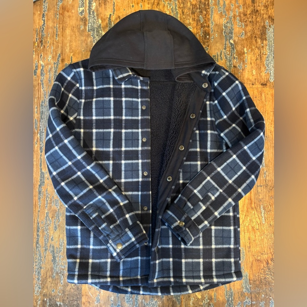 Flannel & fleece hooded snap front shacket